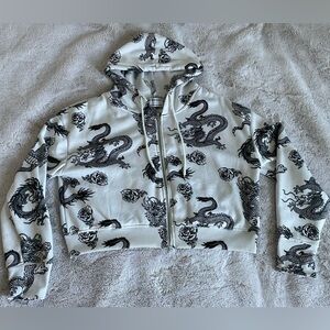 M Black and White Dragon Print Cropped Hoodie from Streetwear Society